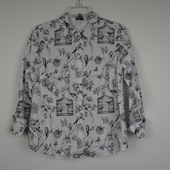Talbots Birdcage Print Button Front Top Blouse Women's Petite Size SP Cotton - Picture 2 of 9